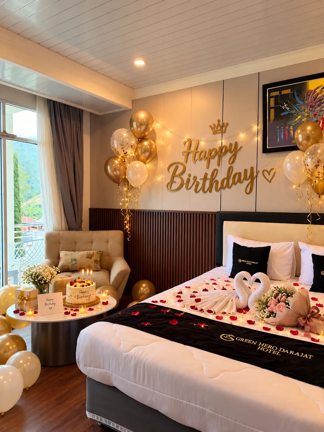 Kamar birthday yang hangat dengan dekorasi natural di Green Hero Darajat