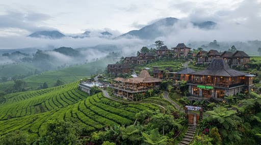 Panorama perkebunan teh dan resor di dataran tinggi Garut