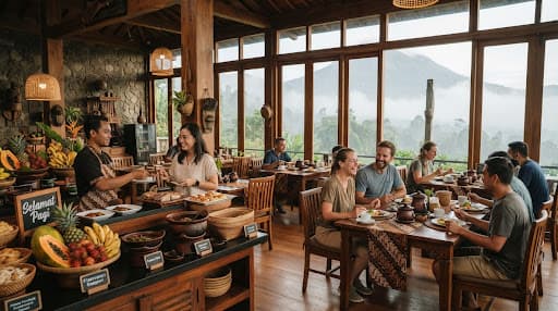 Restoran dengan hidangan sarapan tradisional dan pemandangan lembah