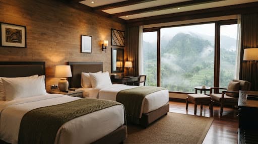 Kamar Standard dengan dua tempat tidur queen dan lantai kayu