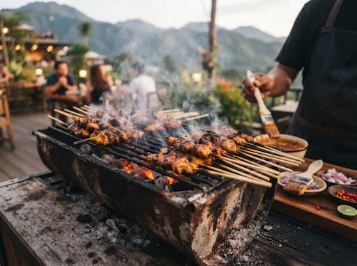 Sate ayam dan daging dipanggang di atas arang