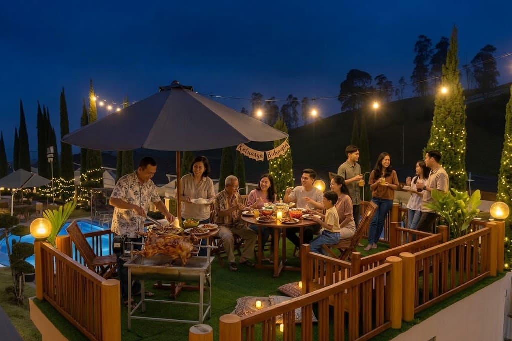 Keluarga menikmati makan malam dan kambing guling di teras terbuka Green Hero Darajat