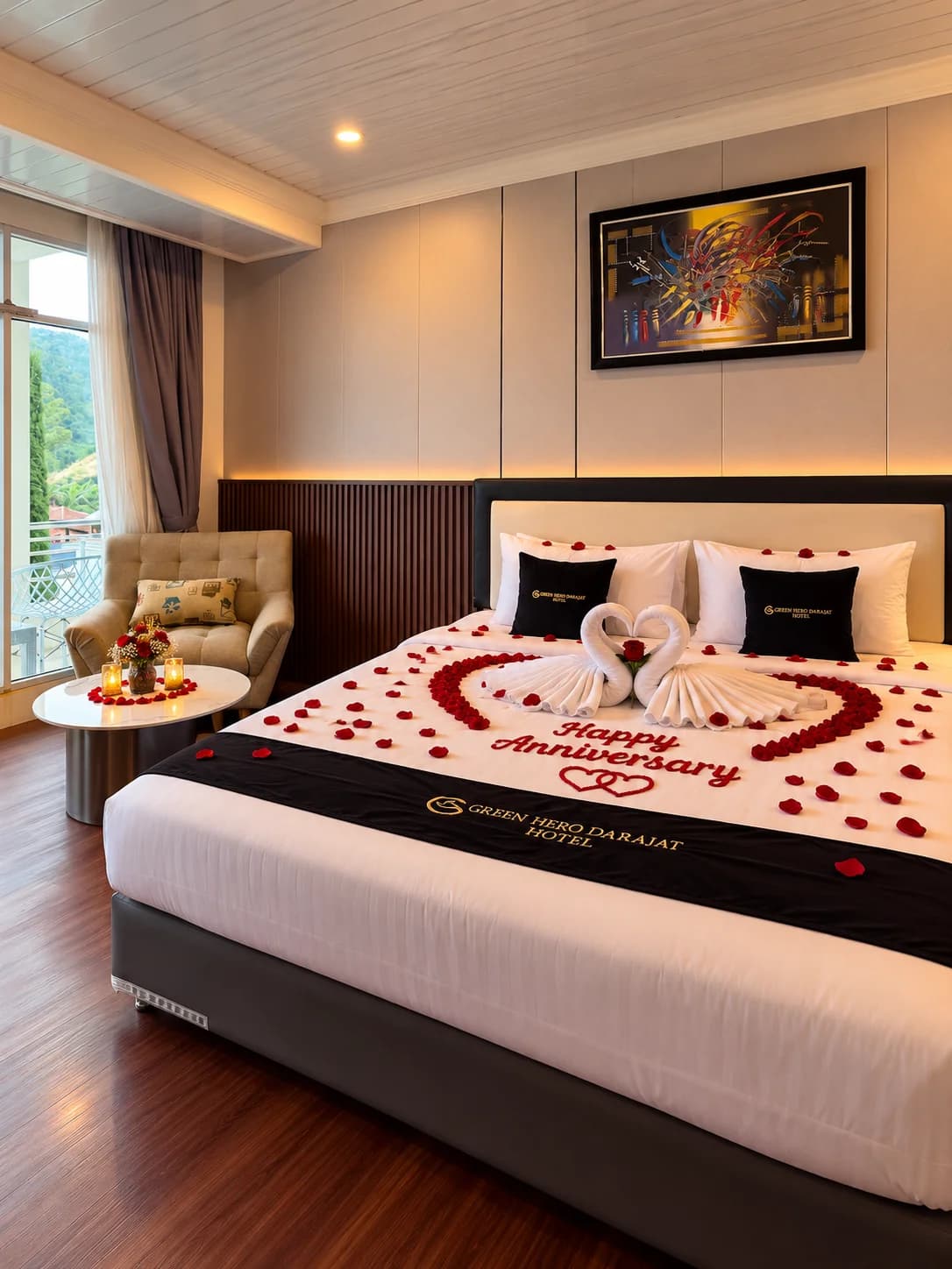 Kamar Green Hero Darajat dengan dekorasi bunga dan handuk berbentuk hati untuk anniversary