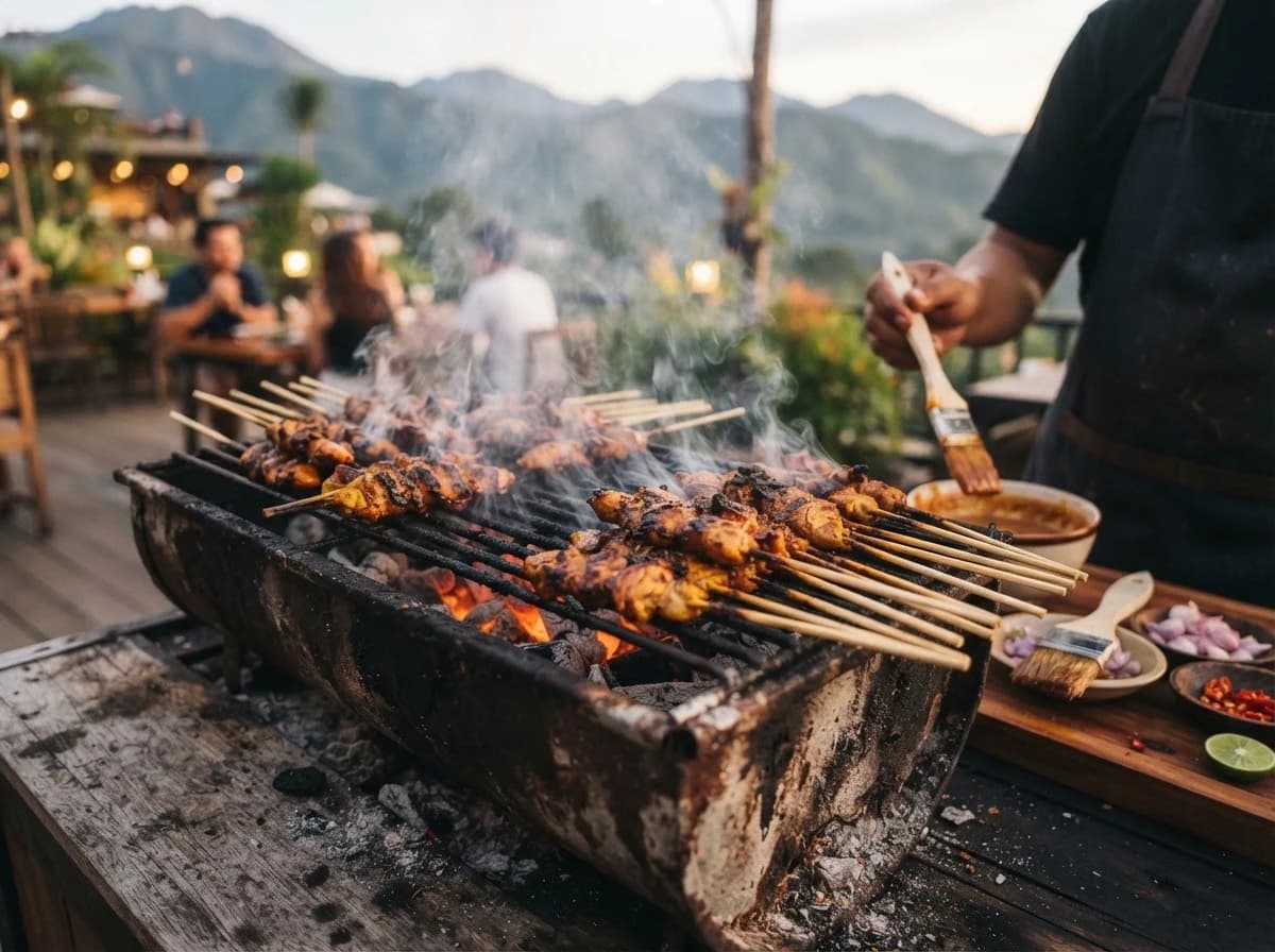 Keluarga menikmati BBQ outdoor di area pegunungan Darajat
