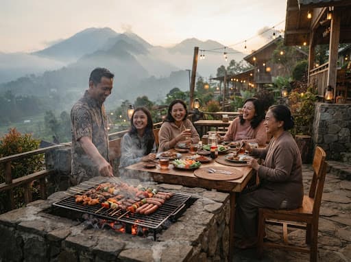 Santap BBQ bersama keluarga di area terbuka resor